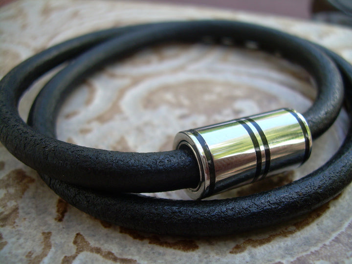Black Leather Wrap Bracelet, Magnetic Clasp, Stainless Steel, Mens Jewelry, Leather Jewelry, Leather Bracelet, Mens, Bracelet, Jewelry - Urban Survival Gear USA