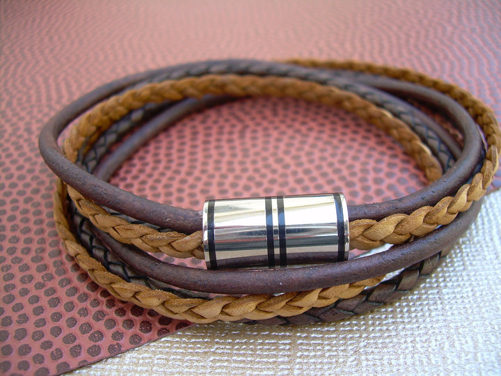 Mens Bracelets Leather, Gift for Him, Boyfriend Bracelet, Double Wrap Bracelet with Stainless Steel Magnetic Clasp, Antique Brown - Urban Survival Gear USA