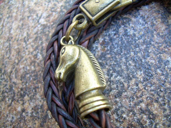 Horse Lovers Gift, Leather Bracelet, Horse Bracelet, Equine, Equestrian, Triple Wrap, Antique Brown Braided, Mens Bracelet, Womens Bracelet - Urban Survival Gear USA
