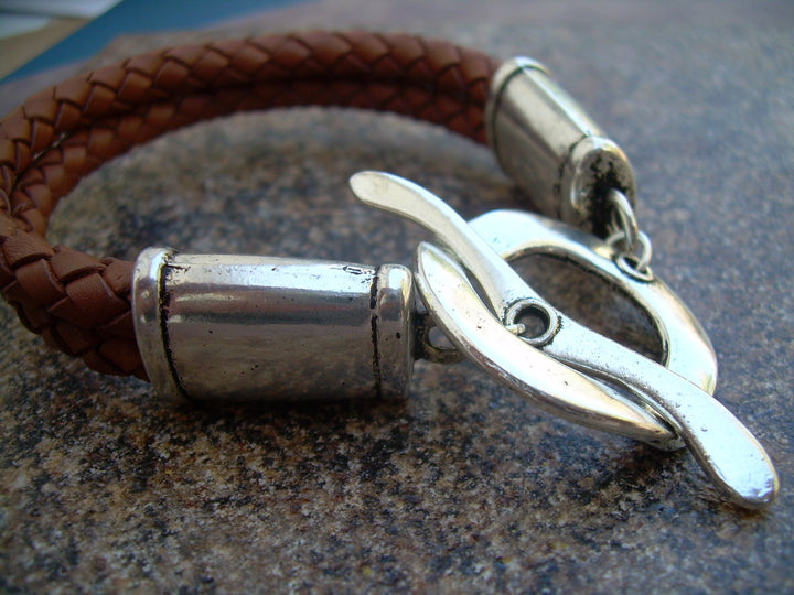 Womens, Leather Bracelet,  Large Toggle, Double Strand, Saddle Brown, Braided - Urban Survival Gear USA
