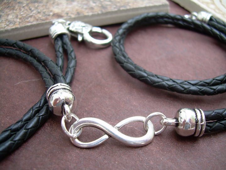 Black Braided Leather Wrap Infinity Bracelet with Nugget Lobster Clasp - Urban Survival Gear USA
