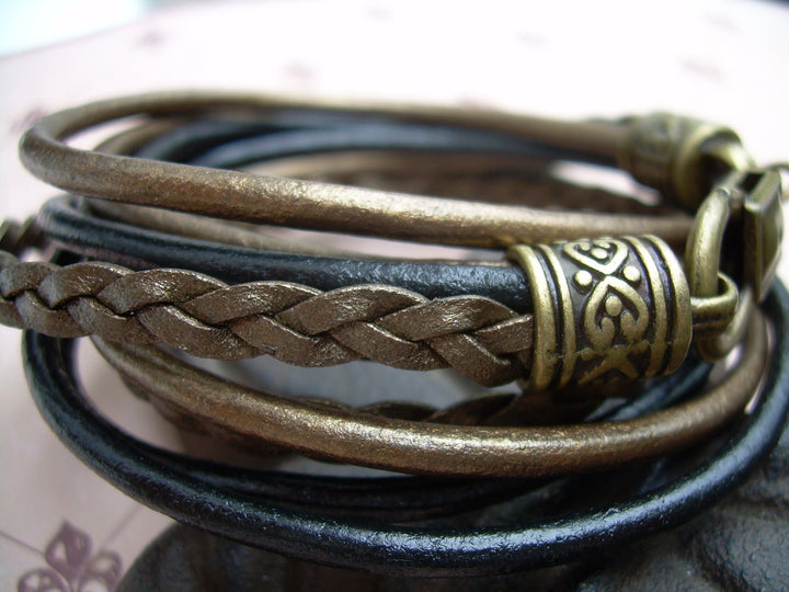 Bronze Leather Bracelet, Five Strand, Double Wrap, Metallic Bronze and Black, Womens Bracelet, Womens Jewelry, Womens Gift - Urban Survival Gear USA