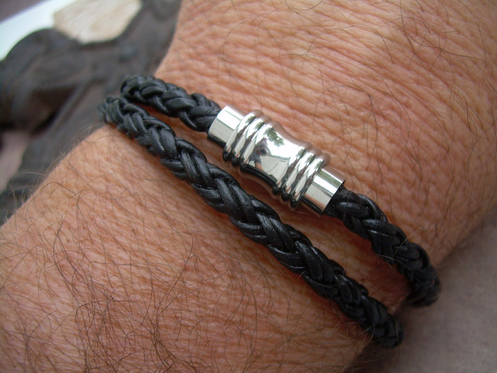 Mens Leather Bracelet, Double Wrap, Natural Black Braided, with Stainless Steel Magnetic Clasp - Urban Survival Gear USA