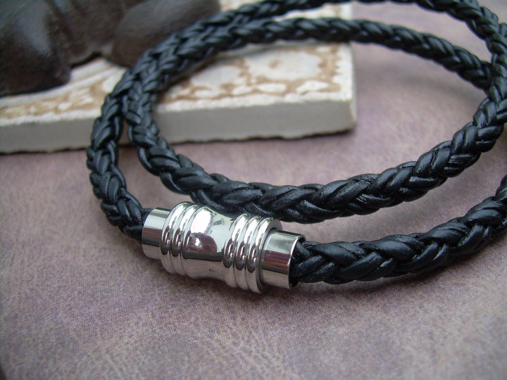 Mens Leather Bracelet, Double Wrap, Natural Black Braided, with Stainless Steel Magnetic Clasp - Urban Survival Gear USA