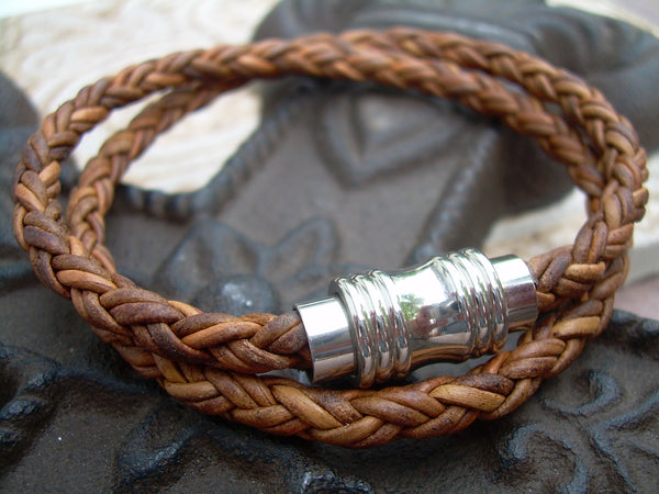 Stainless Steel Magnetic Clasp Leather Bracelet, Wrap Bracelet, Natural Light Brown, Mens Bracelet, Mens Gift, Dad Gift, Boyfriend Gift - Urban Survival Gear USA