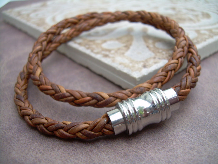Mens Leather Bracelet, Double Wrap, Natural Light brown Braided, with Stainless Steel Magnetic Clasp - Urban Survival Gear USA
