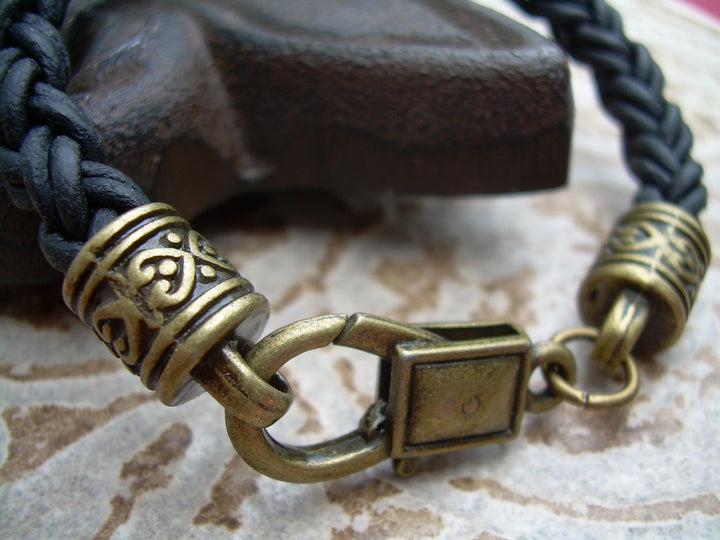 Braided Leather Bracelet, Mens, Womens, Antique Bronze, Lobster Clasp, Natural Black, Mens Bracelet, Womens Bracelet - Urban Survival Gear USA