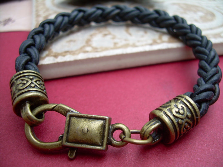 Leather Bracelet, Mens Bracelet, Womens Bracelet, Natural Black Braid, Antique Bronze, Leather Bracelet - Urban Survival Gear USA