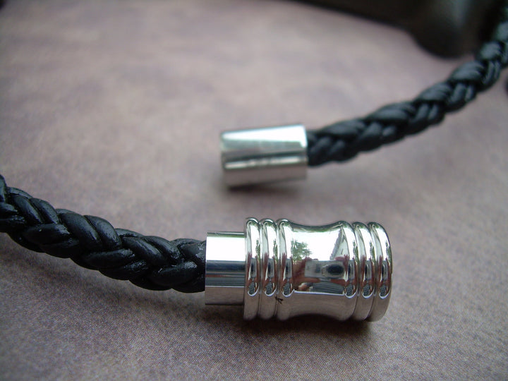 Mens Leather Necklace, Natural Black Braided, Stainless Steel, Magnetic Clasp, - Urban Survival Gear USA