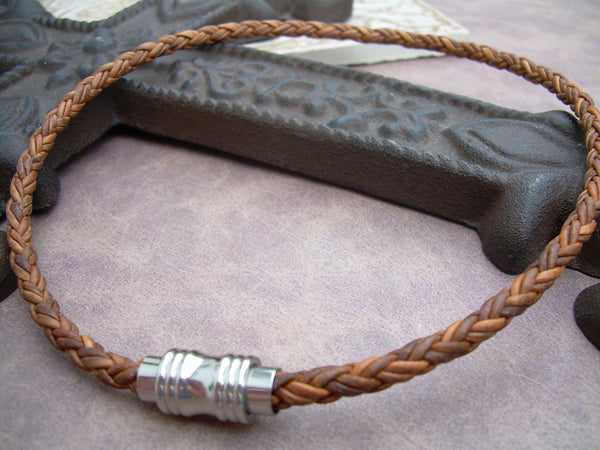 Mens Leather Necklace, Natural Light Brown Braided, Stainless Steel, Magnetic Clasp, Mens Jewelry, Mens Necklace, Leather Necklace - Urban Survival Gear USA