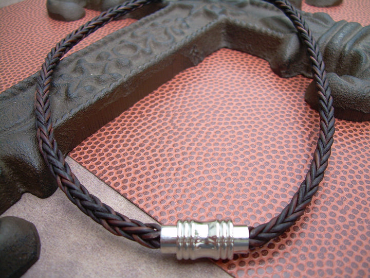 Mens Leather Necklace, Natural Antique Brown Braided, Stainless Steel, Magnetic Clasp, - Urban Survival Gear USA