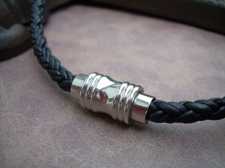 Mens Leather Necklace, Natural Black Braided, Stainless Steel, Magnetic Clasp, - Urban Survival Gear USA