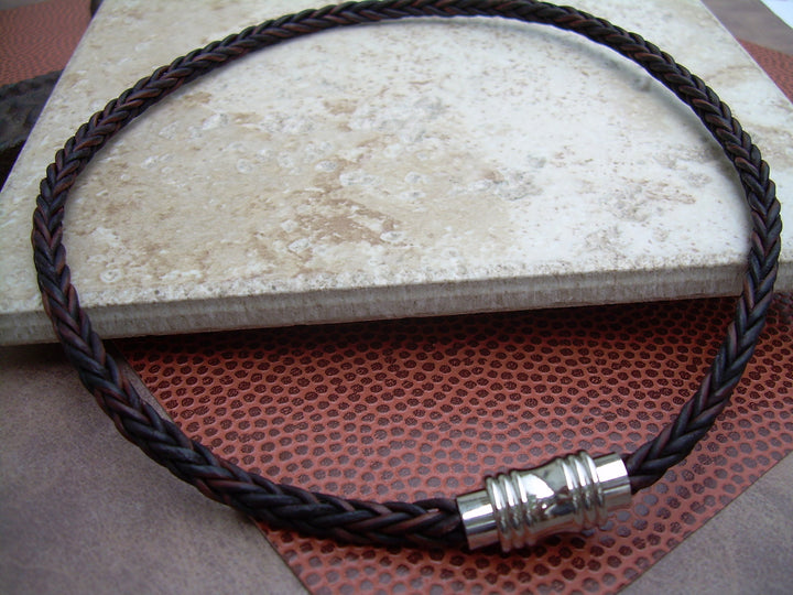Mens Leather Necklace, Natural Antique Brown Braided, Stainless Steel, Magnetic Clasp, - Urban Survival Gear USA