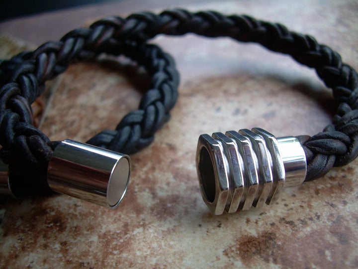 Thick Braided Leather Bracelet with Sprocket Style Stainless Steel Magnetic Clasp - Urban Survival Gear USA