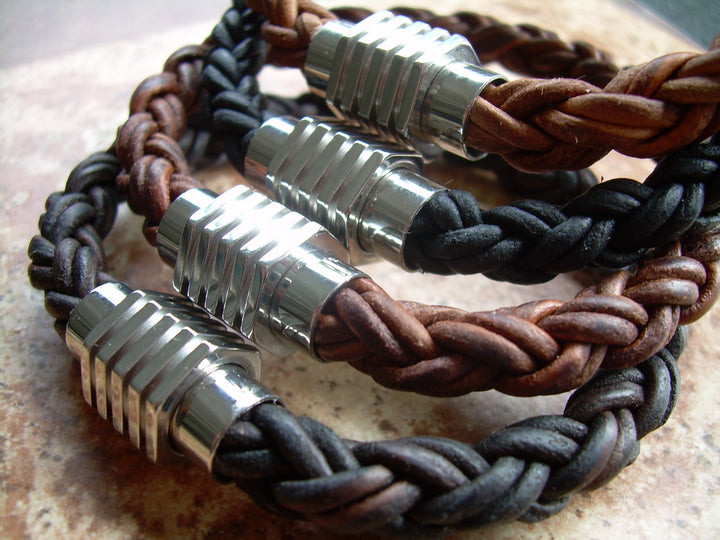 Men's Bracelets Leather Mens Thick Braided Leather Bracelet with a Large Stainless Steel Magnetic Clasp Fathers Day Gift Mens Jewelry - Urban Survival Gear USA