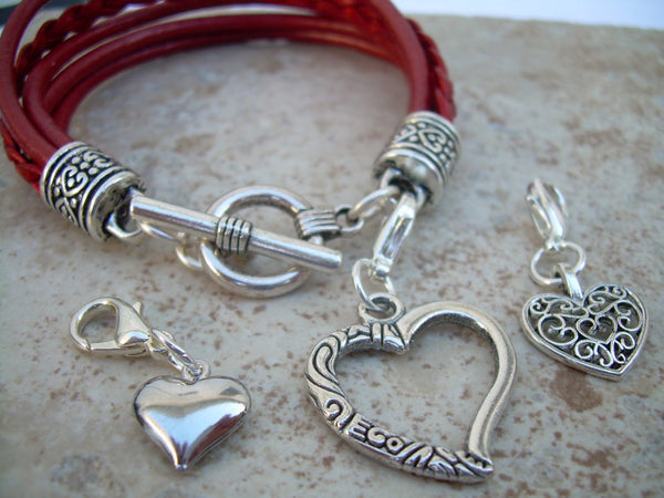 Heart Charm Bracelet, Womens Jewelry, Womens Bracelet, Womens Leather Bracelet, Three  Lobster Clasp Heart Charms in Metallic Red, - Urban Survival Gear USA