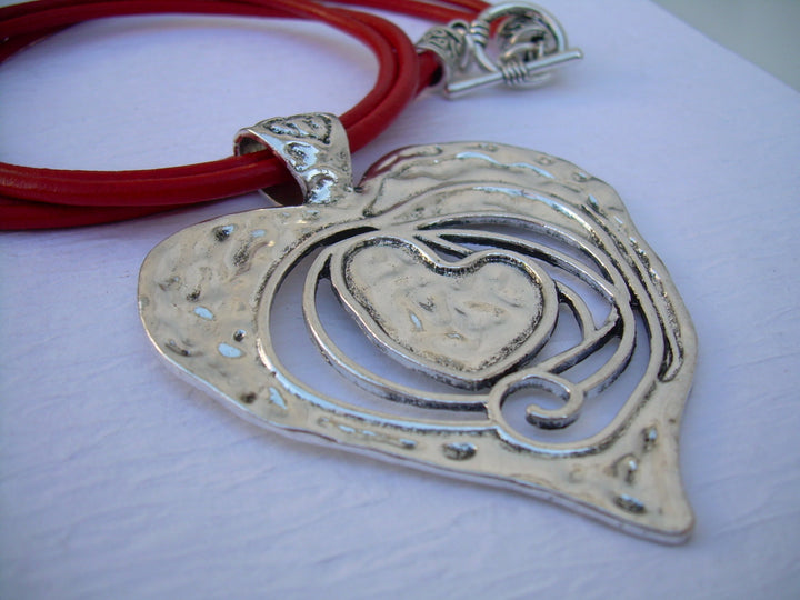Heart Necklace, Leather Necklace, Heart Pendant,  Red, Womens Necklace, Statement Necklace - Urban Survival Gear USA