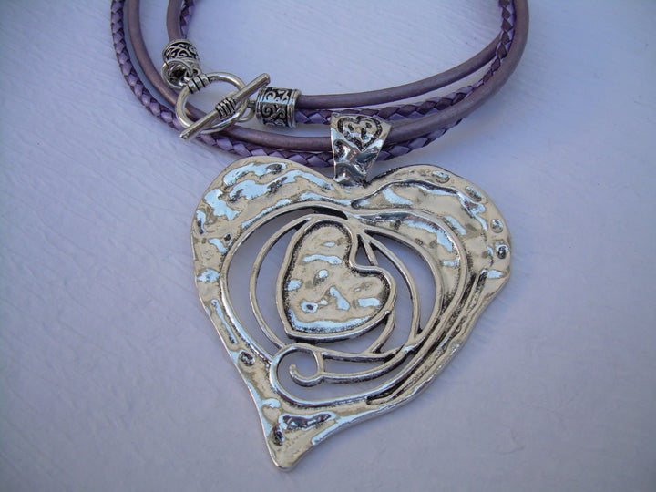 Metallic Purple Leather Necklace, Heart Pendant,  Valentine's Day, Womens Necklace, Womens Jewelry - Urban Survival Gear USA
