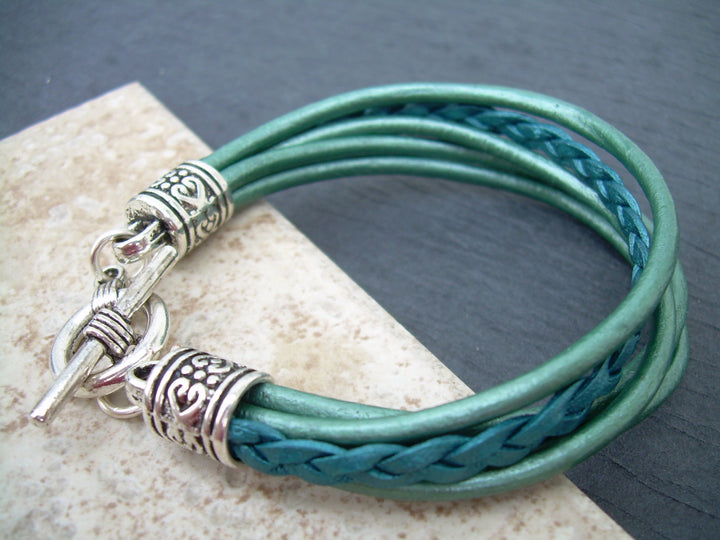 Womens Leather  Bracelet  With  Three  Lobster Clasp Heart Charms in Metallic Teal, Womens Gift, Womens Jewelry, Womens Bracelet - Urban Survival Gear USA