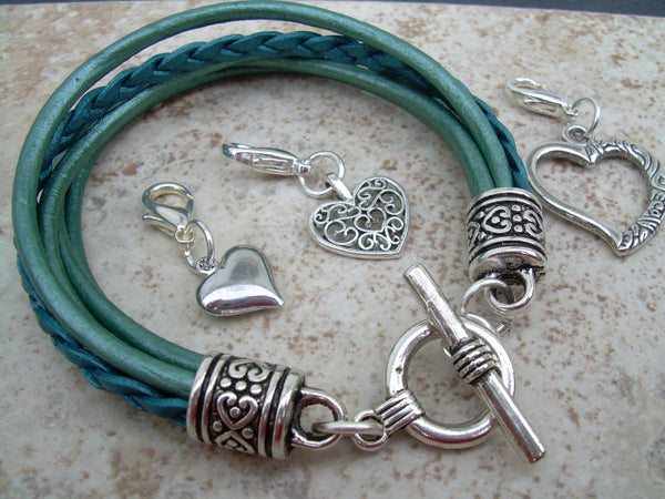 Womens Leather  Bracelet  With  Three  Lobster Clasp Heart Charms in Metallic Teal, Womens Gift, Womens Jewelry, Womens Bracelet - Urban Survival Gear USA