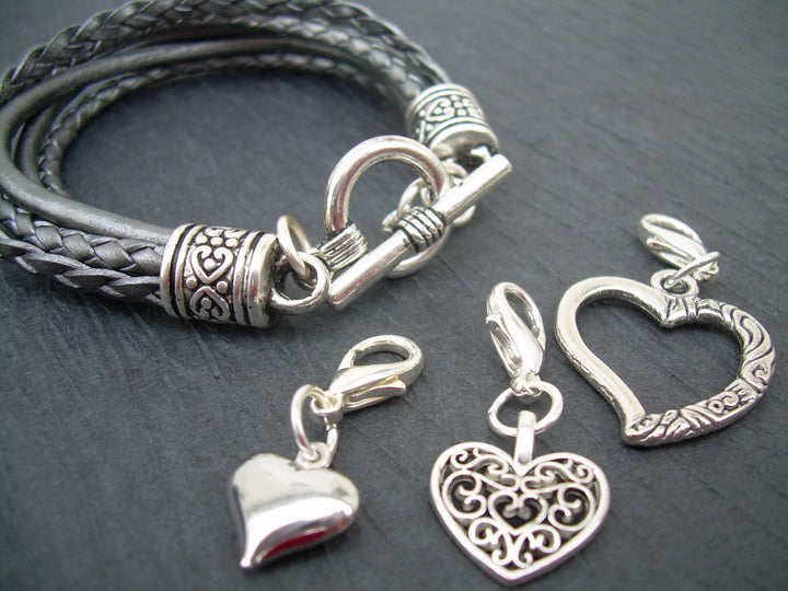 Gray Leather Charm Bracelet, Leather Bracelet, Bracelet,  With  Three Heart Charms in Metallic  Silver/Gray, Womens Jewelry, Womens Bracelet - Urban Survival Gear USA