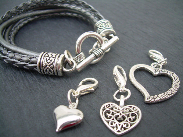 Womens Leather  Bracelet  With  Three  Lobster Clasp Heart Charms in Metallic  Silver/Gray, Mothers Day, Womeens Jewelry - Urban Survival Gear USA