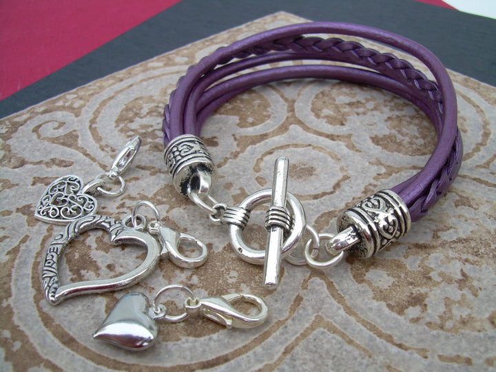 Heart Charm Bracelet, Womens Leather  Bracelet, Heart Charms,  Leather Bracelet, Womens Jewelry, Womens Bracelet, Purple, - Urban Survival Gear USA
