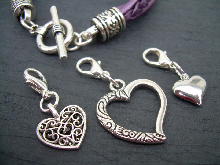 Heart Charm Bracelet, Womens Leather  Bracelet, Heart Charms,  Leather Bracelet, Womens Jewelry, Womens Bracelet, Purple, - Urban Survival Gear USA