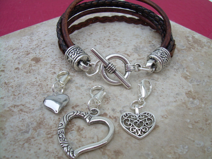 Charm Bracelet, Leather Bracelets for Women, Womens Leather Bracelet, Braided Leather Bracelets, lobster clasp heart charms, for Women - Urban Survival Gear USA