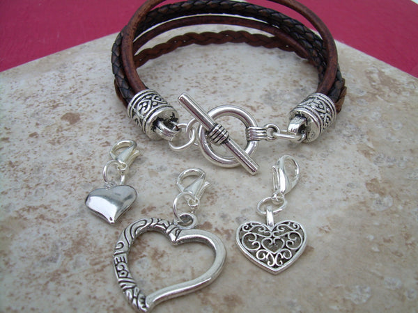 Heart Charm Bracelet, Three  Lobster Clasp Heart Charms, Antique Brown, Womens Bracelet, Womens Jewelry, Leather Jewelry,  Bracelet - Urban Survival Gear USA
