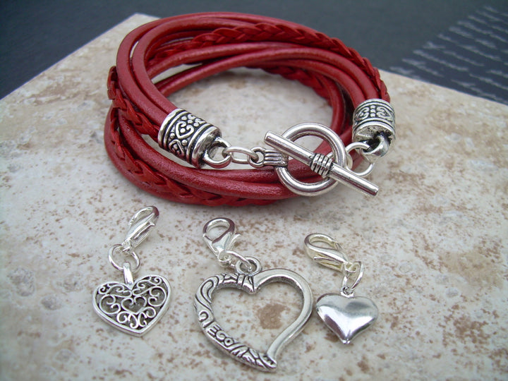 Red Leather Bracelet, Five Strand, Double Wrap, Metallic Red with Three heart Charms, Womens Jewelry, Womens Bracelet - Urban Survival Gear USA