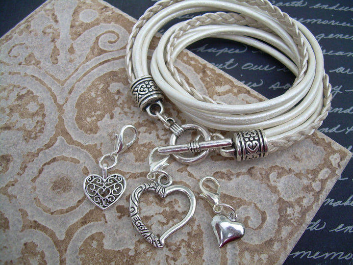 Womens Bracelet, Leather Bracelets for Women, Womens Leather Bracelet, Leather Wrap Bracelet,  Metallic Pearl with Three heart Charms, - Urban Survival Gear USA