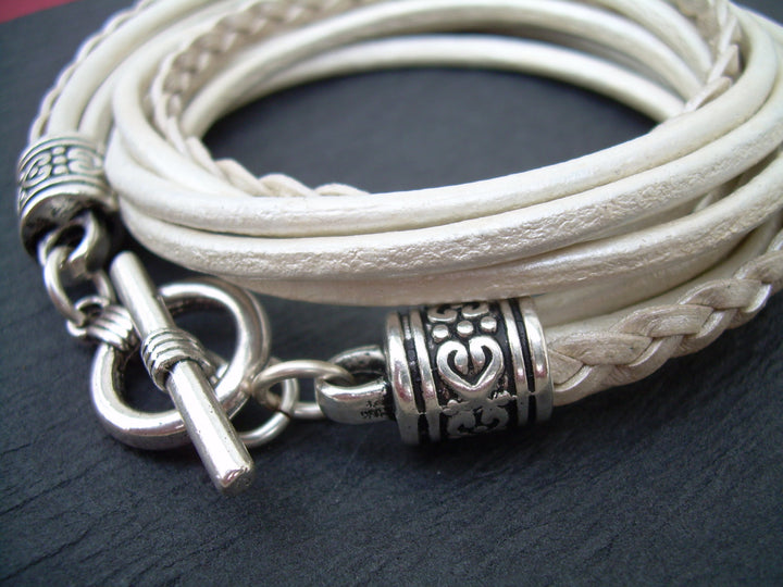 White Leather Heart Charm Bracelet, Womens Bracelet, Leather Bracelet, Wrap Bracelet, Womens Jewelry , Leather Jewelry - Urban Survival Gear USA