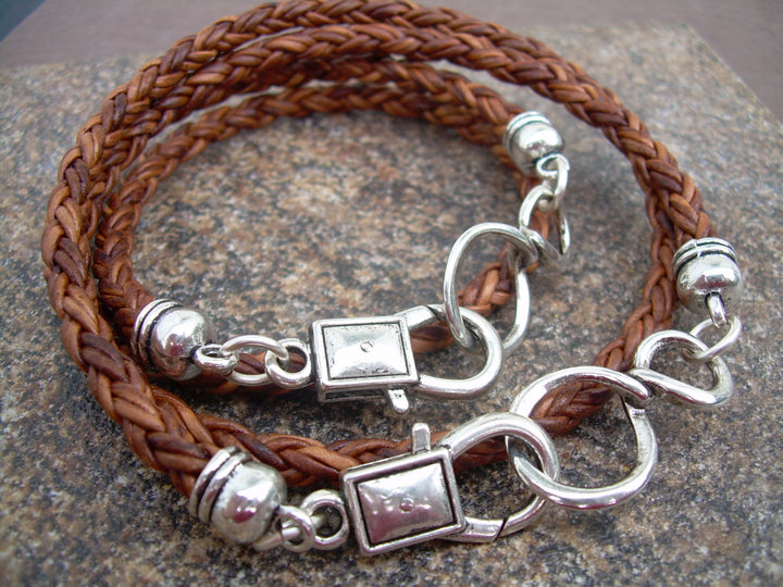 His and Hers Set of Infinity Bracelets, Leather Bracelet, Mens Bracelet, Womens Bracelet, Natural Light Brown Braided, Couples Bracelets