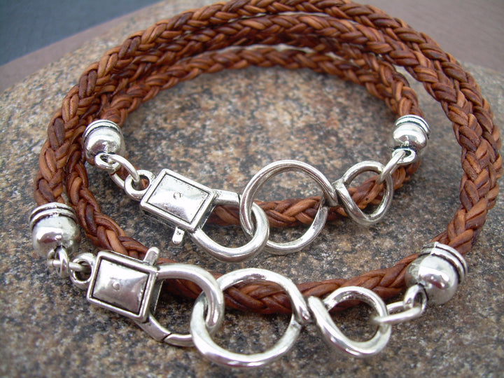 His and Hers Set of  Infinity Bracelets, Leather Bracelet, Mens Bracelet,  Womens Bracelet, Natural Light Brown Braided, Couples Bracelets - Urban Survival Gear USA