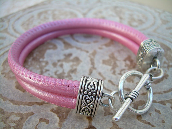 Pink Leather Bracelet, Womens, Metallic Pink,  Double Strand Stitched Nappa Leather - Urban Survival Gear USA
