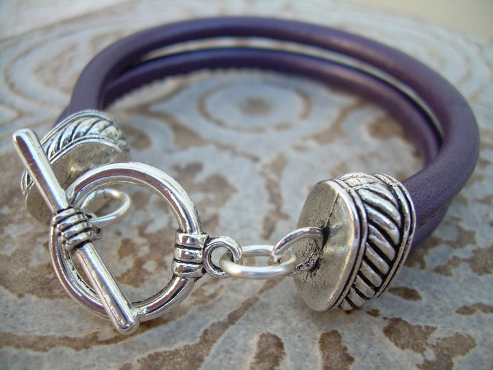 Purple Leather Bracelet, Womens Bracelet, Womens Gift , Metallic Purple,  Double Strand Stitched Nappa Leather - Urban Survival Gear USA