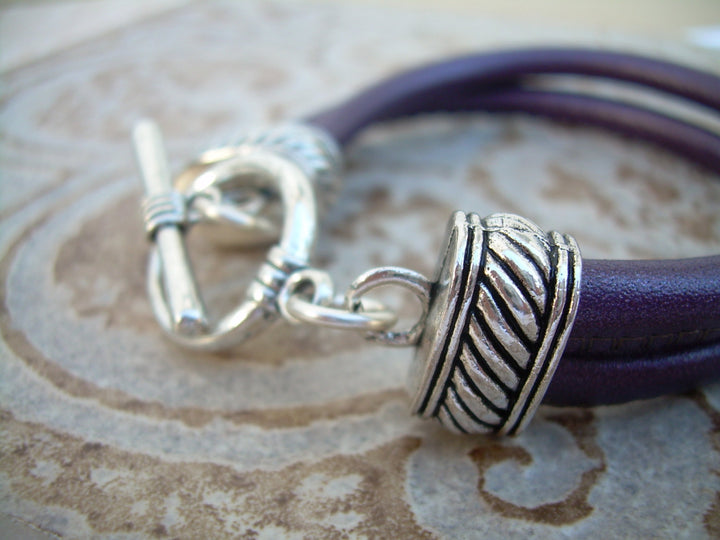 Purple Leather Bracelet, Womens Bracelet, Womens Gift , Metallic Purple,  Double Strand Stitched Nappa Leather - Urban Survival Gear USA