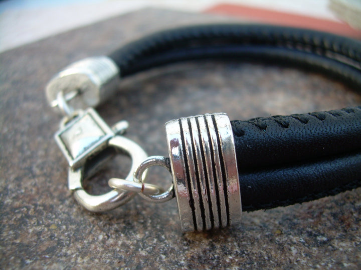 Leather Bracelet , Black Stitched Nappa Leather Cord, Lobster Clasp Closure, Mens Jewelry, Mens Bracelet - Urban Survival Gear USA