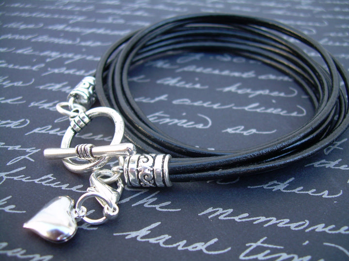 Black Leather Heart Charm Bracelet, Wrap Bracelet with Puff Heart Charm, Charm Bracelet, Womens Bracelet, Womens Jewelry, Gift For Her - Urban Survival Gear USA