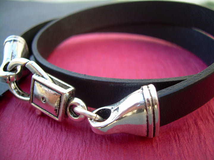 Flat Leather Wrap Bracelet, Black, Double Wrap, Mens Bracelet, Womens Bracelet, Mens Jewelry, Womens Jewelry - Urban Survival Gear USA