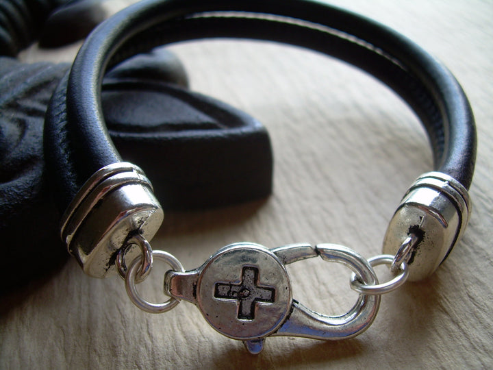 Leather Bracelet , Black Stitched Nappa Leather Cord Bracelet, Lobster Clasp Closure, Mens Bracelet, Mens Jewelry - Urban Survival Gear USA