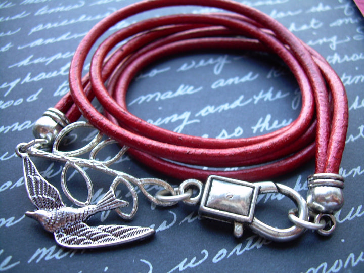 Womens Red Leather Bracelet, Antique Silver,Triple Wrap with Branch and Swallow, Steampunk, Womens Bracelet, Womens Jewelry, Gift for Her - Urban Survival Gear USA