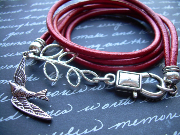 Womens Red Leather Bracelet, Antique Silver,Triple Wrap with Branch and Swallow, Steampunk, Womens Bracelet, Womens Jewelry, Gift for Her - Urban Survival Gear USA