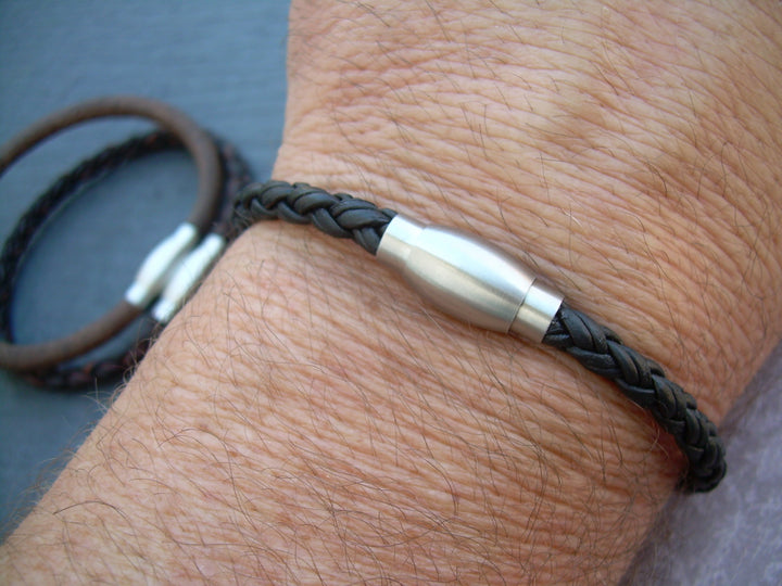 Mens Leather Bracelet with Stainless Steel Magnetic Clasp, Groomsmen, Mens Gift, Mens Bracelet, Mens Jewelry - Urban Survival Gear USA