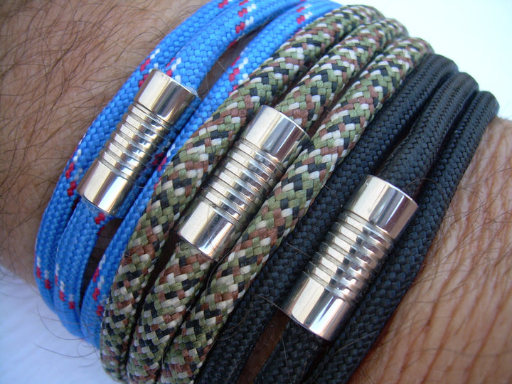 Mens Leather Bracelet, Alternative, Vegan, Paracord Bracelet, Stainless Steel Magnetic Clasp, Triple Wrap, Fits A Wrist of 7 / Camouflage
