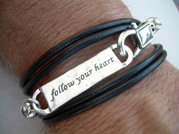 Follow Your Heart Leather Bracelet,Triple Wrap  Antique Silver/ Double Strand Black, Mens Jewelry, Womens Jewelry, follow your heart - Urban Survival Gear USA
