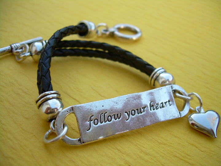 Leather Bracelet, Antique Silver/ Double Strand, Black Braid, Heart Charm, Follow your heart, Womens Bracelet, Womens Jewelry - Urban Survival Gear USA
