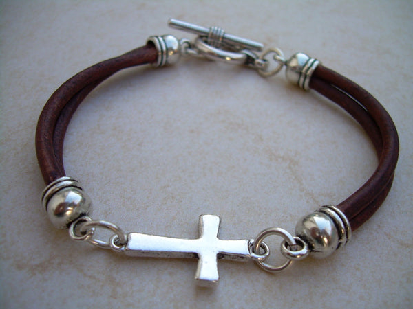 Double Strand Leather Cross Bracelet with Toggle Clasp - Urban Survival Gear USA