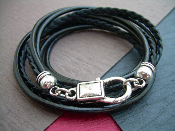 Leather Bracelet, Triple Wrap, Unisex, Mens, Womens, Black and Antique Silver, Mens jewelry, Mens Bracelet, Womens Jewelry, Womens Bracelet - Urban Survival Gear USA